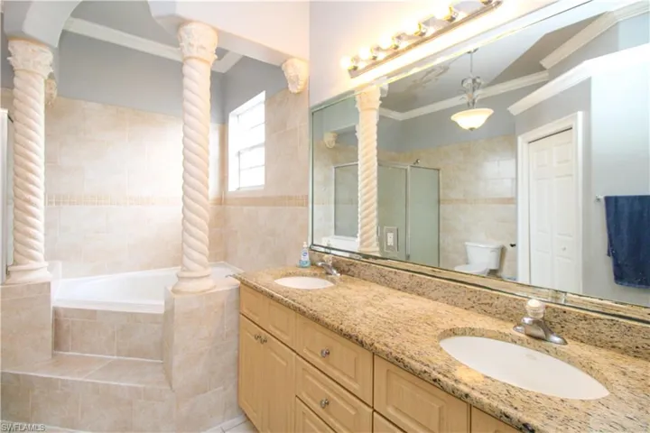 Bathroom with toilet, ornamental molding, a sink, and decorative columns