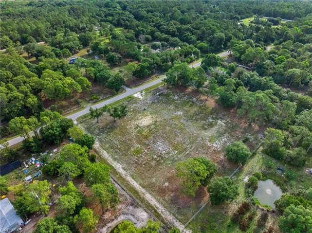 Expansive cleared lot bordered by mature trees and a paved road, featuring a small pond