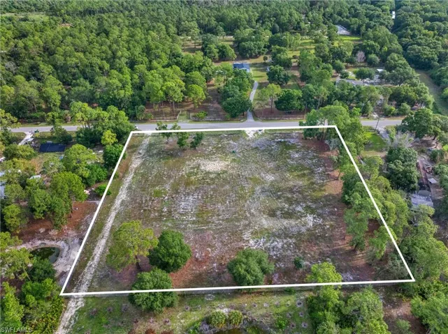 Expansive lot featuring mature trees and partial clearing, bordered by a paved road and natural green spaces