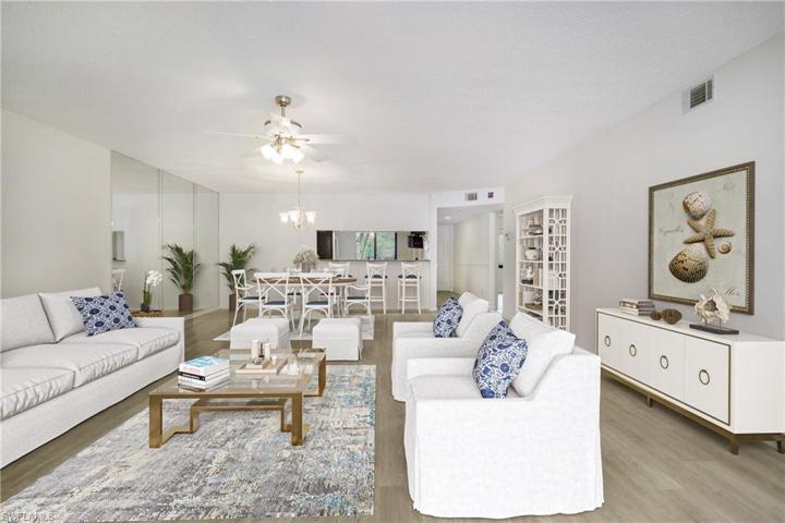 Open floor plan with views from kitchen of lake