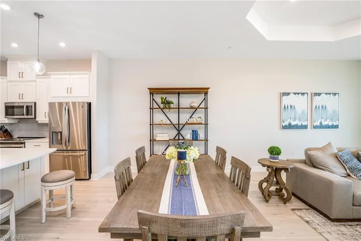 Dining space featuring light wood-style floors and recessed lighting