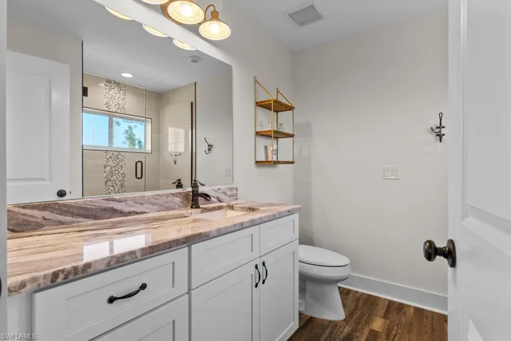 Bathroom with a shower with door, vanity, wood-type flooring, and toilet