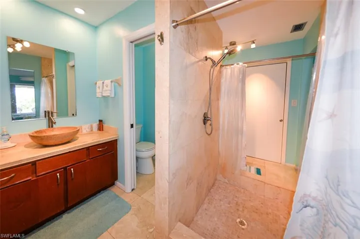 En suite bathroom with vanity, private water closet, and a walk through shower