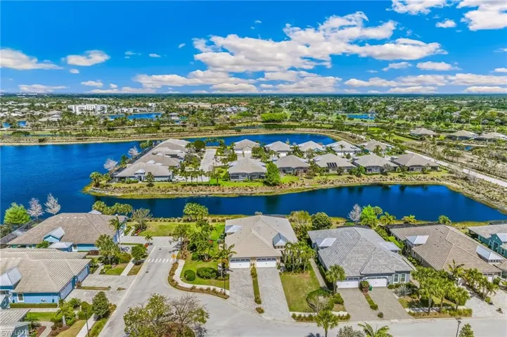 Aerial perspective of suburban area featuring a nearby body of water