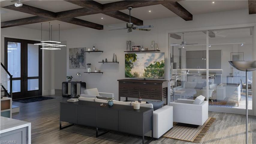 Great Room with Beams to Lanai Rendering