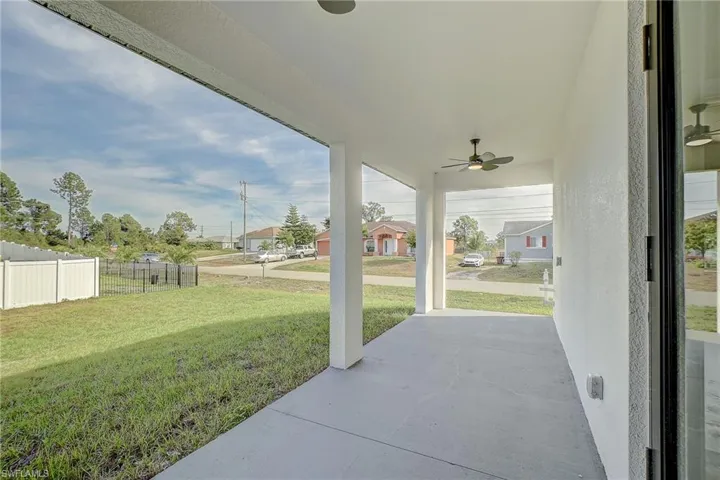 Porch featuring a ceiling fan
