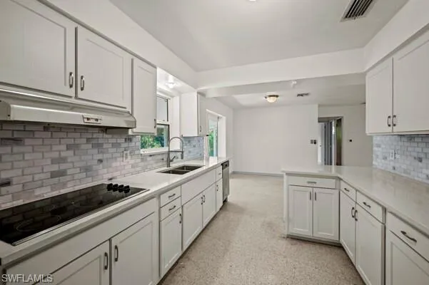 Kitchen with white cabinets, sink, and kitchen peninsula