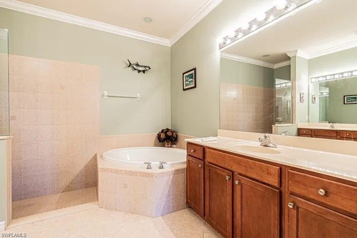 Bathroom featuring tile patterned flooring, shower with separate bathtub, vanity, and ornamental molding