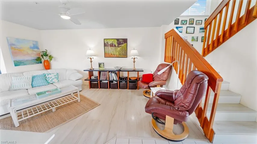 Easy-care laminate flooring and lots of light in the living room