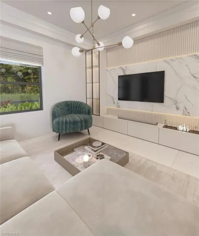 Integrated media wall with marble-finish paneling and built-in shelving