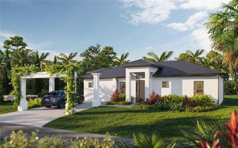 Exterior featuring a white stucco finish, dark shingle roof, lush landscaping, and a driveway with a white pergola