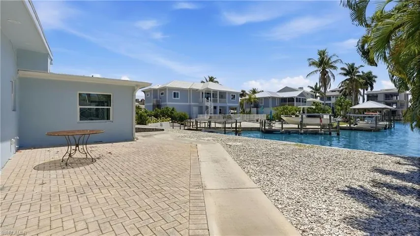 The property features a paved patio area and a waterfront setting with docks - Virtually Edited Image