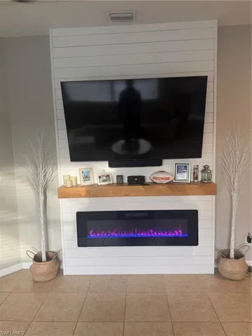 Detailed view of a glass covered fireplace