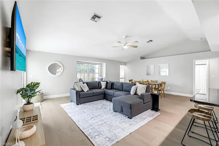 Spacious open floor plan with vaulted ceilings in great room.