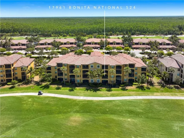 Aerial view of building from rear.