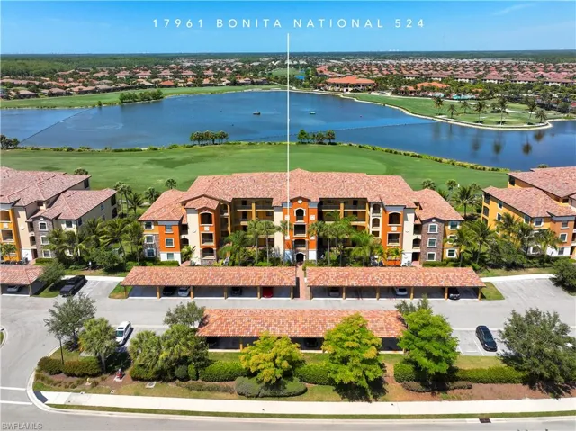 Aerial view of front of building.