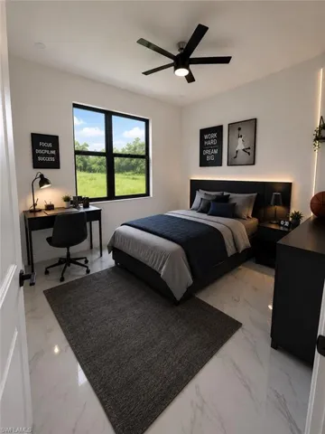 Room featuring large window, recessed lighting, ceiling fan, and tile flooring