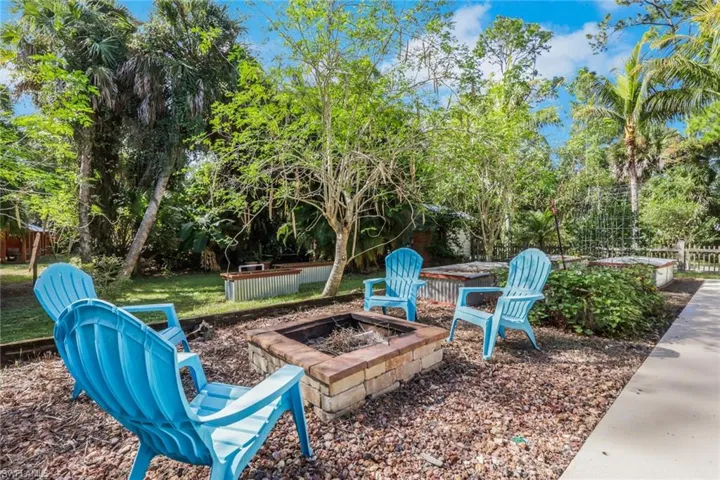 Firepit area and raised garden beds in the backyard off the large patio/pool area- Ideal space for entertaining!