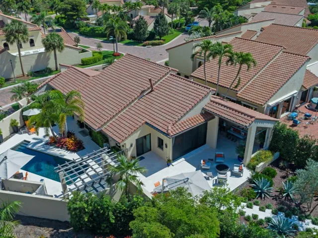 Aerial view of residential area with a pool area