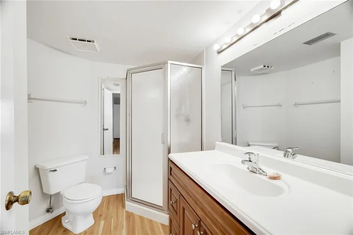 Bathroom with vanity, light wood-type flooring, and a stall shower