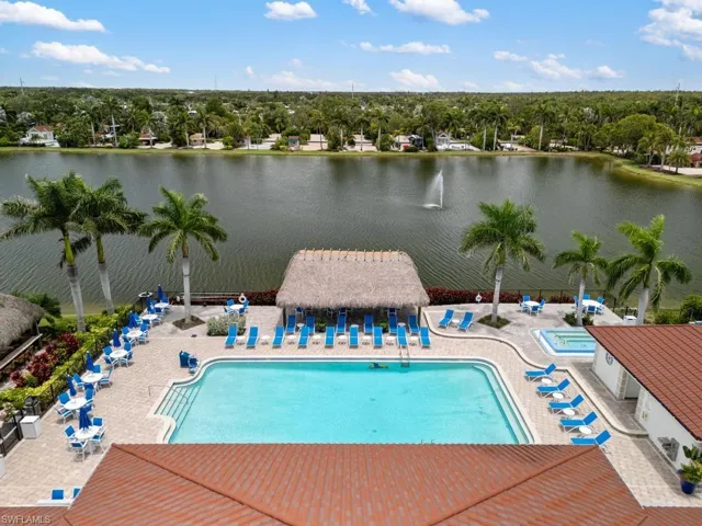 Pool, tiki bar, hot tub and lake