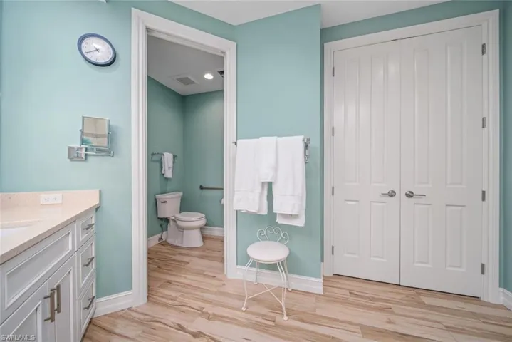 Bathroom with vanity, hardwood / wood-style flooring, and toilet