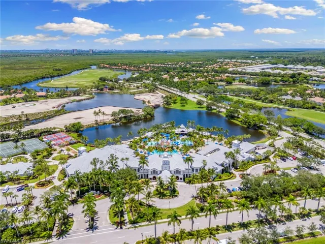 Bird's eye view of a nearby body of water and a golf club