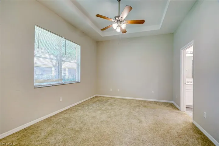 Unfurnished room featuring light colored carpet, ceiling fan, and a tray ceiling