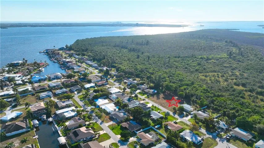 Aerial perspective of suburban area with a heavily wooded area and a large body of water