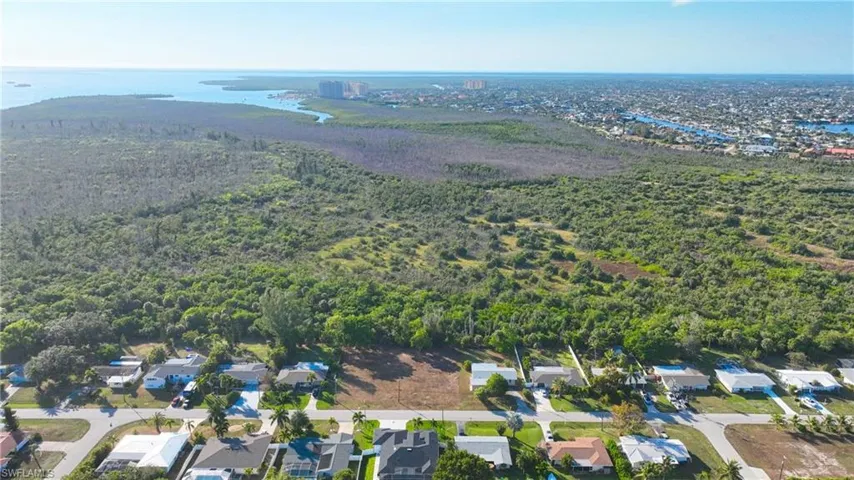 Aerial perspective of suburban area featuring a nearby body of water and a heavily wooded area