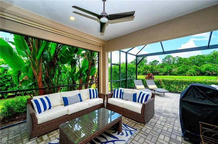 View of patio / terrace featuring ceiling fan, an outdoor hangout area, and a grill