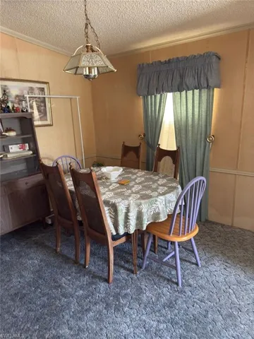 Dining area with crown molding, carpet floors, and a textured ceiling