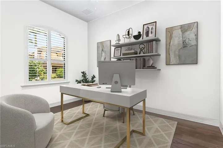 THIS IS A STAGED PHOTO PICTURE OF THE 3RD BEDROOM. There is a walk in closet in this room with wood shelving. Plantation shutters. Views of the 3rd fairway from the 2nd bedroom and this 3rd bedroom.