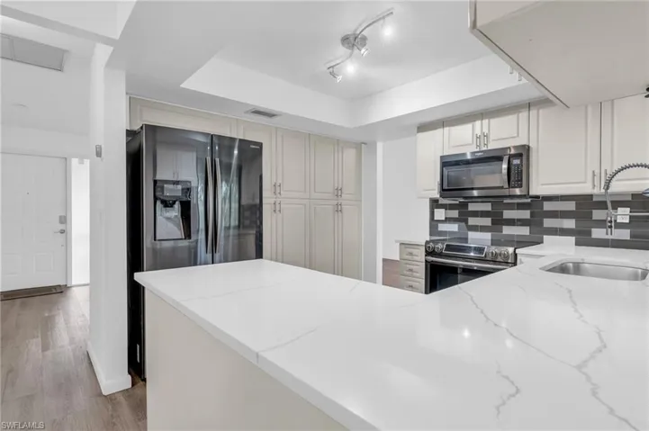 Kitchen with a raised ceiling, light hardwood / wood-style flooring, light stone counters, sink, and stainless steel appliances