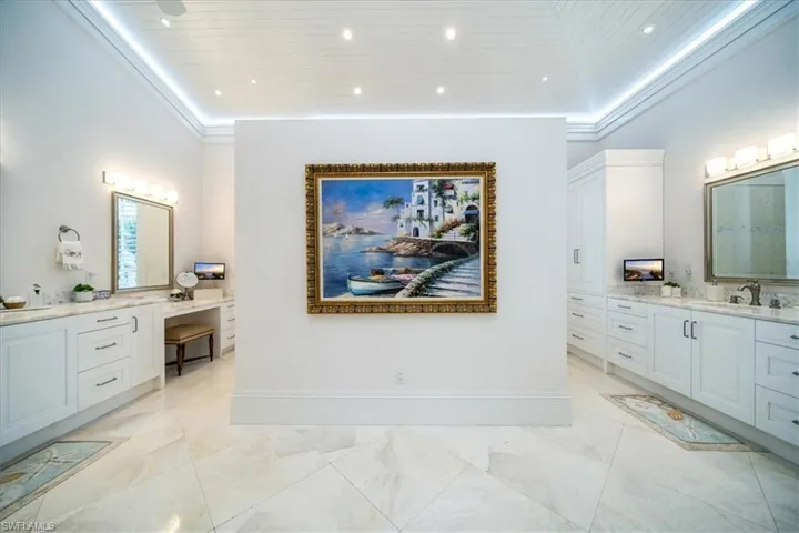 Master Bathroom featuring vanity, wood ceiling, and crown molding