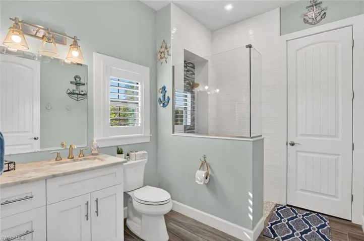 Bathroom featuring vanity, dark wood-type flooring, and a walk in shower