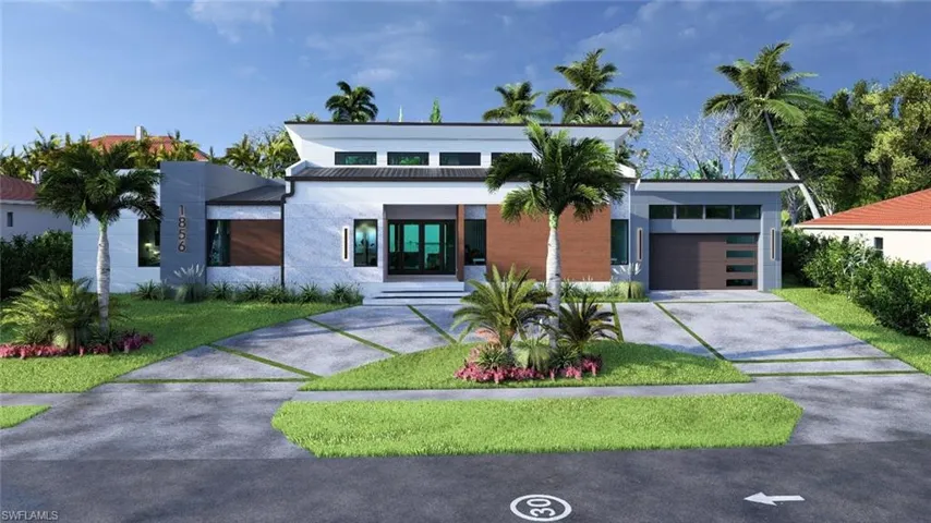 Modern home featuring a garage, driveway, and metal roof