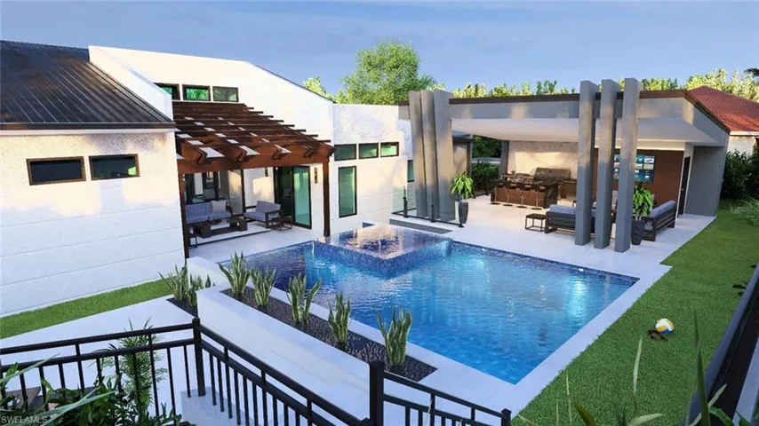 Swimming pool featuring area for grilling, outdoor lounge area, a pergola, and a patio area