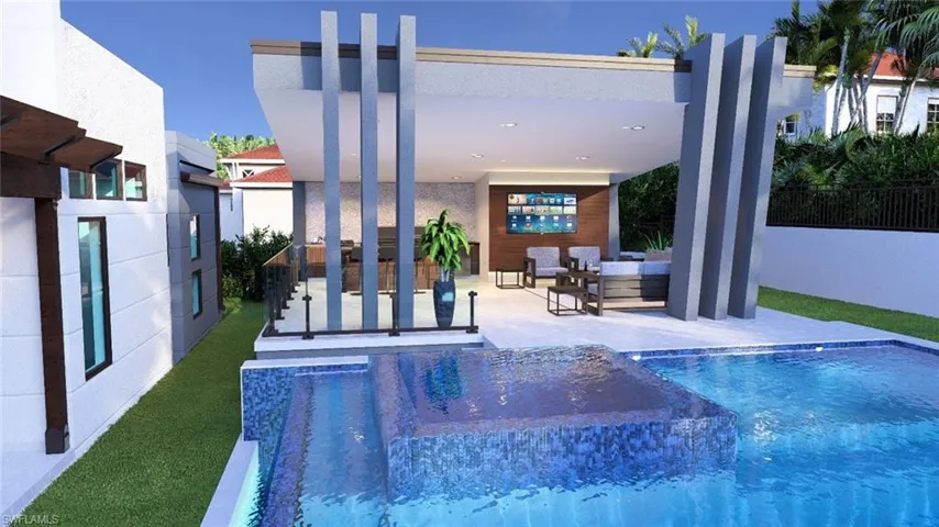 View of pool with a hot tub, a patio area, and outdoor lounge area
