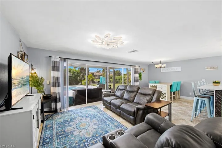 Living area and a notable chandelier