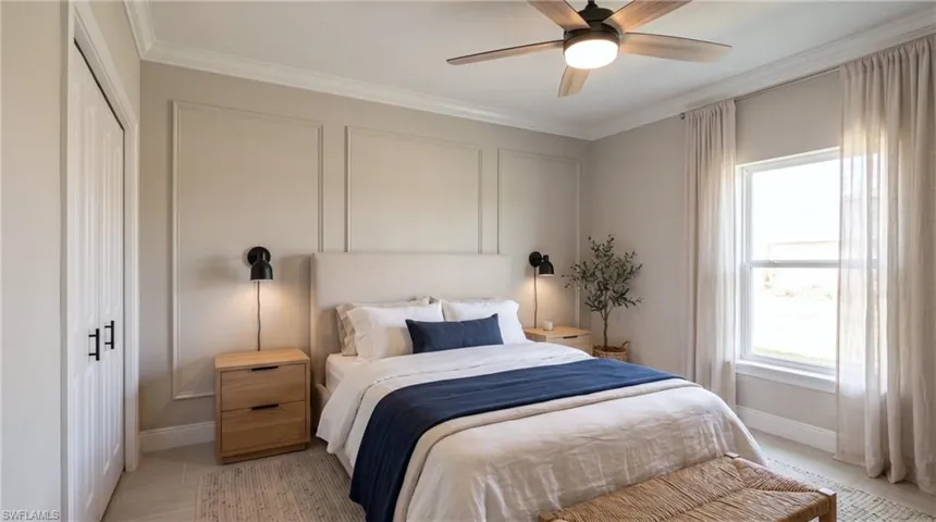 Primary bedroom. Digital rendering, virtually staged.