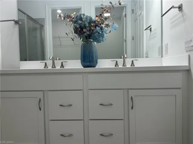 Bathroom featuring double vanity, a walk in closet, and a stall shower