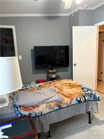 Bedroom with crown molding and ceiling fan
