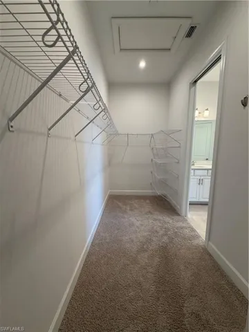 Walk-in closet featuring built-in wire shelving, plush carpet flooring, a recessed light fixture, and an attic access panel