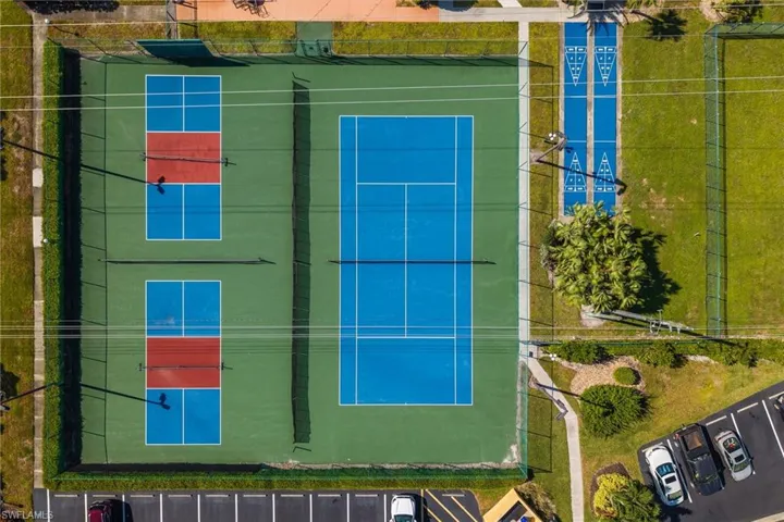 Full-size tennis court, two pickleball courts, and two shuffleboard courts
