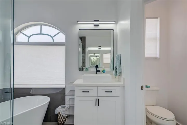 Bathroom featuring toilet, vanity, and a freestanding bath