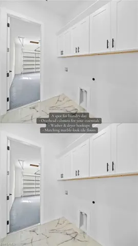 White overhead cabinetry with black hardware, washer and dryer hookups, and marble-look tile flooring