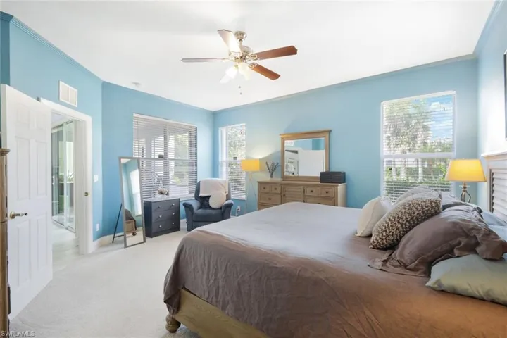 Primary bedroom is located just off the main living area.