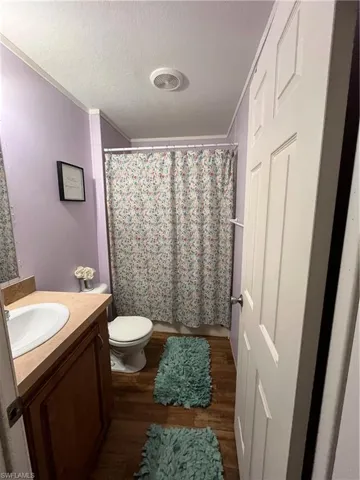 Guest Bathroom featuring wood-type flooring, toilet, a textured ceiling, and vanity