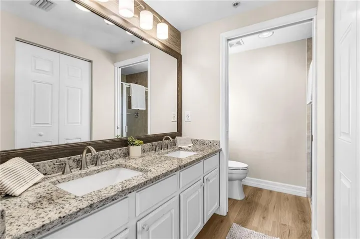double sink, shower, walk in closet